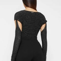 Woman Tops Vegan Leather Popcorn Cut Out Bodysuit - Black BODYSUITS