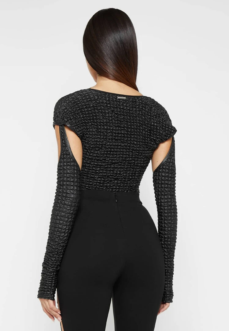 Woman Tops Vegan Leather Popcorn Cut Out Bodysuit - Black BODYSUITS