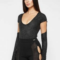Woman Tops Vegan Leather Popcorn Cut Out Bodysuit - Black BODYSUITS