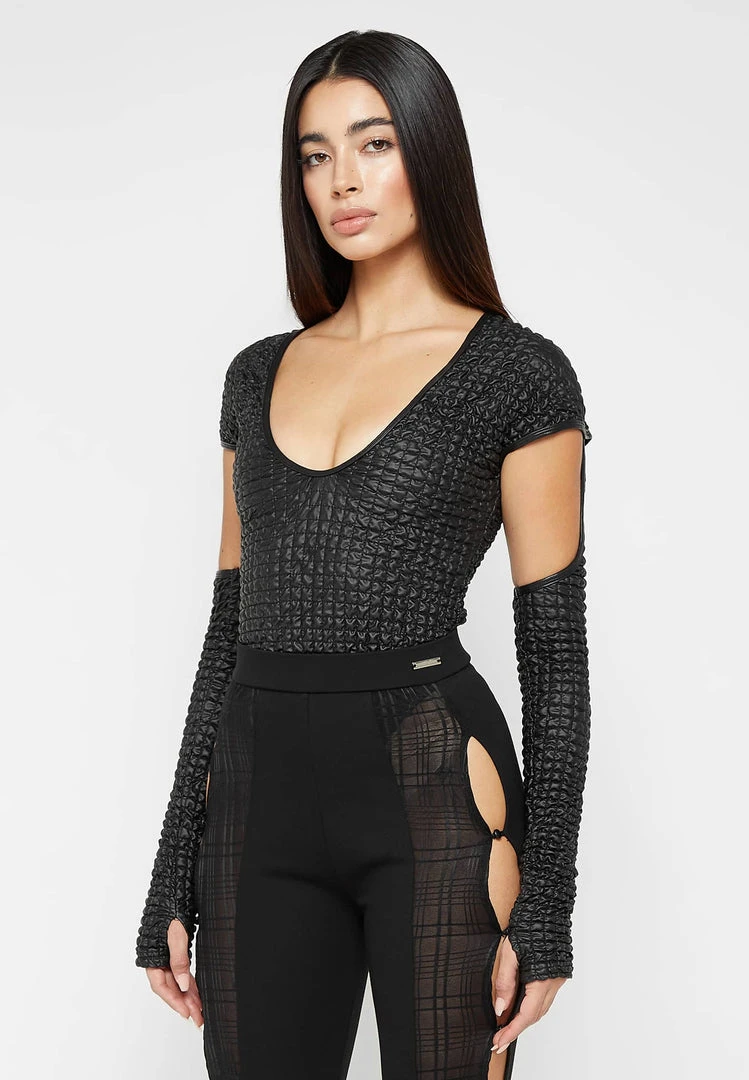 Woman Tops Vegan Leather Popcorn Cut Out Bodysuit - Black BODYSUITS
