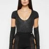 Woman Tops Vegan Leather Popcorn Cut Out Bodysuit - Black BODYSUITS