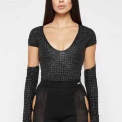 Woman Tops Vegan Leather Popcorn Cut Out Bodysuit - Black BODYSUITS