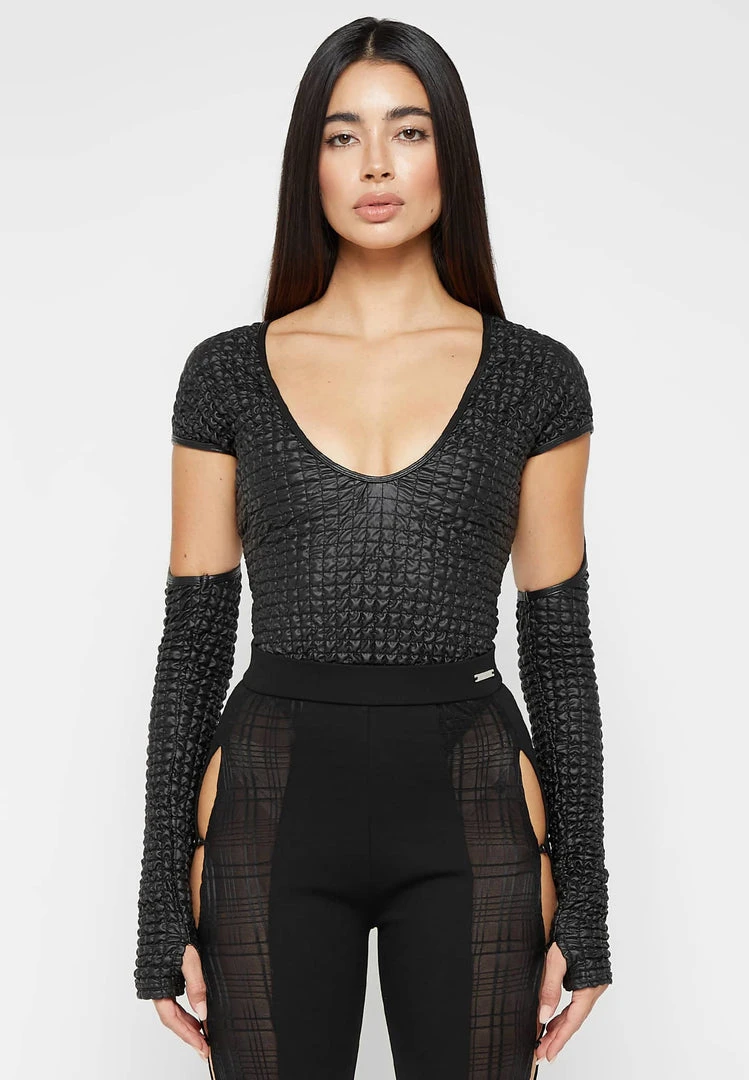 Woman Tops Vegan Leather Popcorn Cut Out Bodysuit - Black BODYSUITS