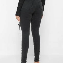 Woman Denim Lace Up Skinny Jeans - Black