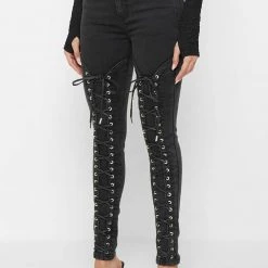 Woman Denim Lace Up Skinny Jeans - Black