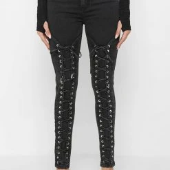 Woman Denim Lace Up Skinny Jeans - Black