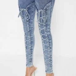 Woman Denim Lace Up Skinny Jeans - Mid Blue