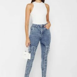 Woman Denim Lace Up Skinny Jeans - Mid Blue
