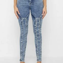 Woman Denim Lace Up Skinny Jeans - Mid Blue