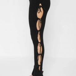Woman Leggings Knitted Lace Up Leggings With Stirrups - Black