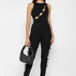 Woman Leggings Knitted Lace Up Leggings With Stirrups - Black