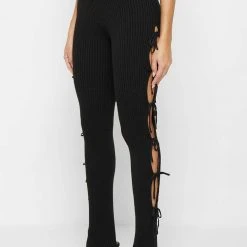 Woman Leggings Knitted Lace Up Leggings With Stirrups - Black