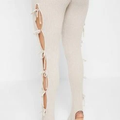 Woman Leggings Knitted Lace Up Leggings With Stirrups - Beige
