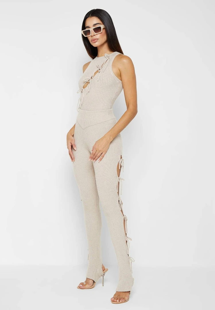 Woman Leggings Knitted Lace Up Leggings With Stirrups - Beige