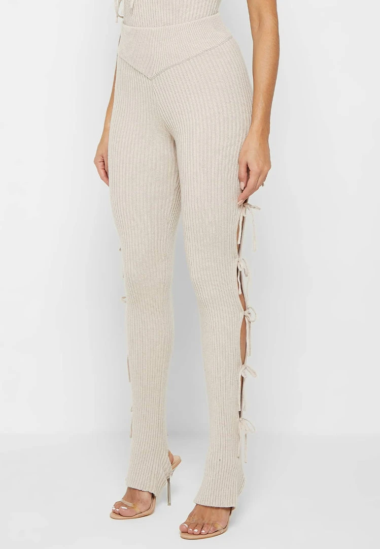 Woman Leggings Knitted Lace Up Leggings With Stirrups - Beige