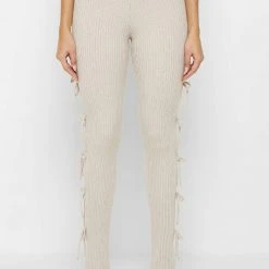 Woman Leggings Knitted Lace Up Leggings With Stirrups - Beige