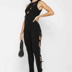 Woman Tops Knitted Lace Up Bodysuit - Black BODYSUITS