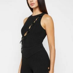 Woman Tops Knitted Lace Up Bodysuit - Black BODYSUITS