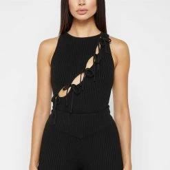 Woman Tops Knitted Lace Up Bodysuit - Black BODYSUITS