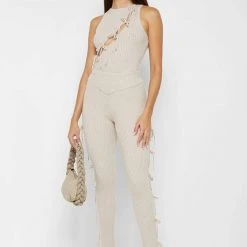 Woman Tops BODYSUITS Knitted Lace Up Bodysuit - Beige