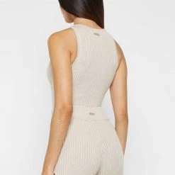 Woman Tops BODYSUITS Knitted Lace Up Bodysuit - Beige