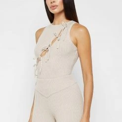 Woman Tops BODYSUITS Knitted Lace Up Bodysuit - Beige