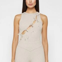 Woman Tops BODYSUITS Knitted Lace Up Bodysuit - Beige