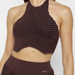 Woman Tops Knitted Contour Halterneck Top - Brown/Black TOPS & T SHIRTS
