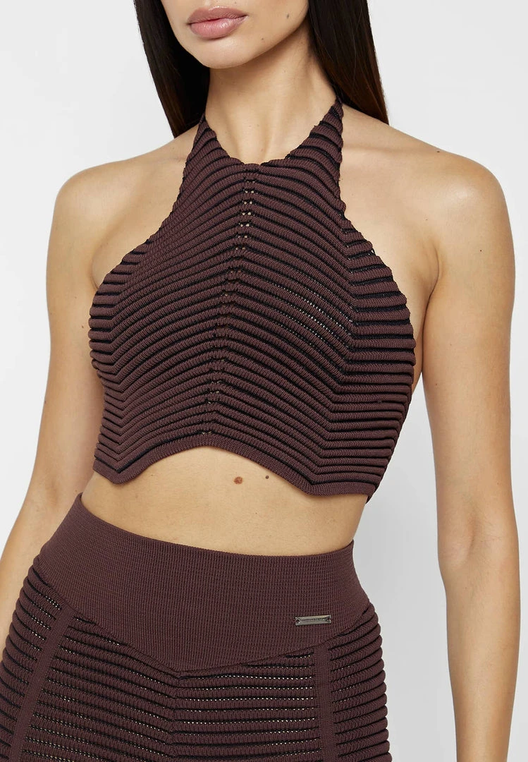 Woman Tops Knitted Contour Halterneck Top - Brown/Black TOPS & T SHIRTS