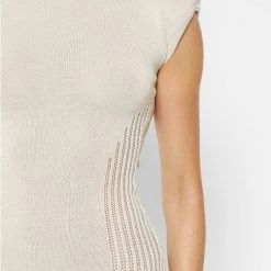Woman Dresses Knitted Contour Dress With Vegan Leather Sleeves - Beige