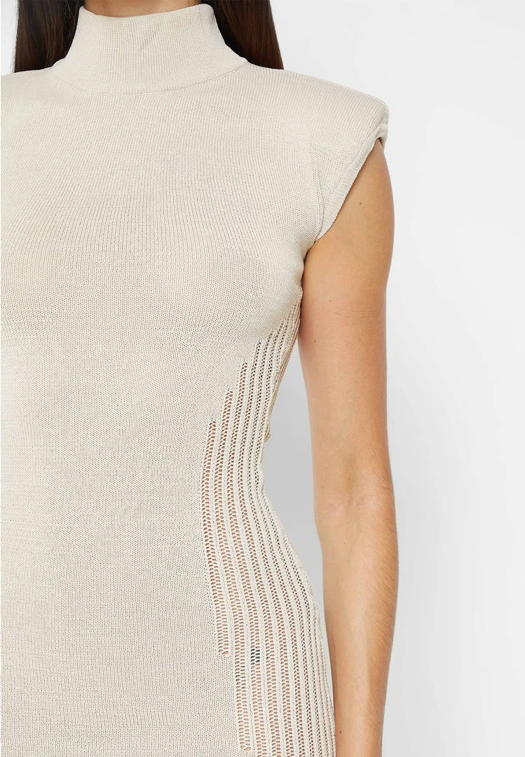 Woman Dresses Knitted Contour Dress With Vegan Leather Sleeves - Beige
