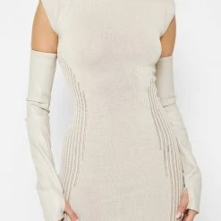 Woman Dresses Knitted Contour Dress With Vegan Leather Sleeves - Beige
