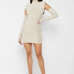 Woman Dresses Knitted Contour Dress With Vegan Leather Sleeves - Beige