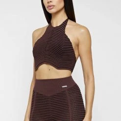 Woman Tops Knitted Contour Halterneck Top - Brown/Black TOPS & T SHIRTS