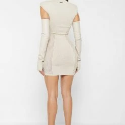 Woman Dresses Knitted Contour Dress With Vegan Leather Sleeves - Beige