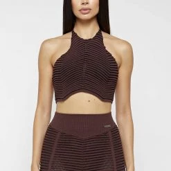 Woman Tops Knitted Contour Halterneck Top - Brown/Black TOPS & T SHIRTS