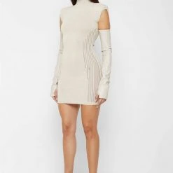 Woman Dresses Knitted Contour Dress With Vegan Leather Sleeves - Beige