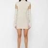 Woman Dresses Knitted Contour Dress With Vegan Leather Sleeves - Beige