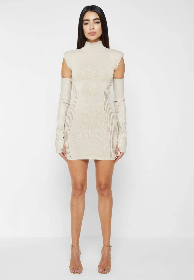 Woman Dresses Knitted Contour Dress With Vegan Leather Sleeves - Beige