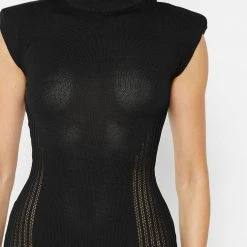 Woman Dresses Knitted Contour Dress With Vegan Leather Sleeves - Black