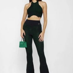 Woman Tops Knitted Contour Halterneck Top - Black/Green TOPS & T SHIRTS