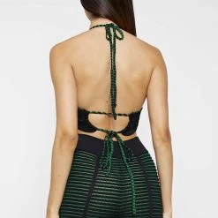 Woman Tops Knitted Contour Halterneck Top - Black/Green TOPS & T SHIRTS