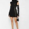 Woman Dresses Knitted Contour Dress With Vegan Leather Sleeves - Black