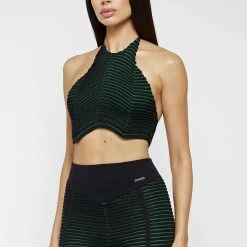Woman Tops Knitted Contour Halterneck Top - Black/Green TOPS & T SHIRTS