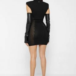 Woman Dresses Knitted Contour Dress With Vegan Leather Sleeves - Black