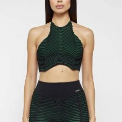 Woman Tops Knitted Contour Halterneck Top - Black/Green TOPS & T SHIRTS