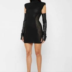 Woman Dresses Knitted Contour Dress With Vegan Leather Sleeves - Black