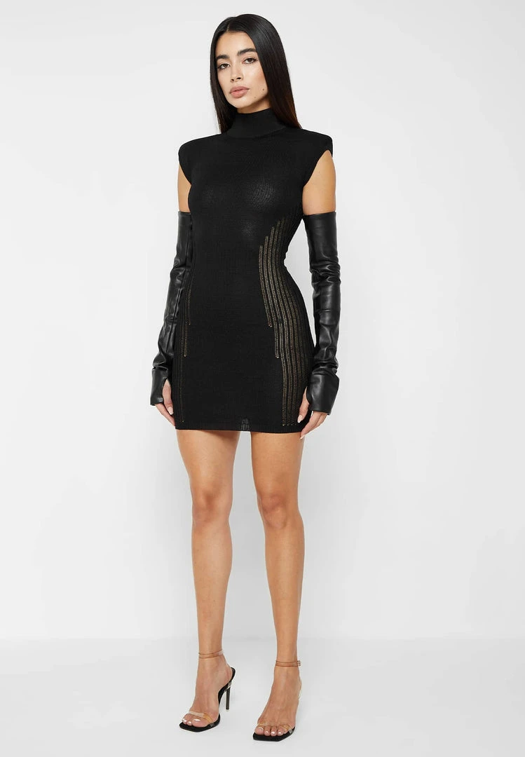 Woman Dresses Knitted Contour Dress With Vegan Leather Sleeves - Black