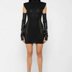 Woman Dresses Knitted Contour Dress With Vegan Leather Sleeves - Black