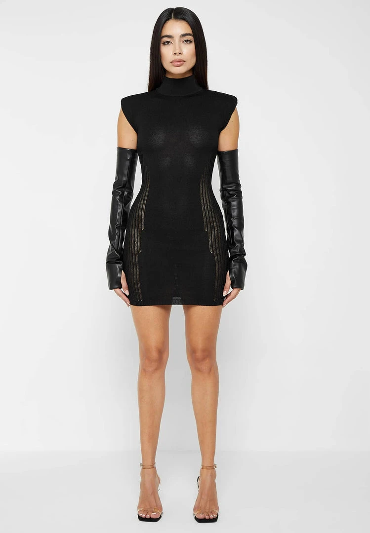 Woman Dresses Knitted Contour Dress With Vegan Leather Sleeves - Black